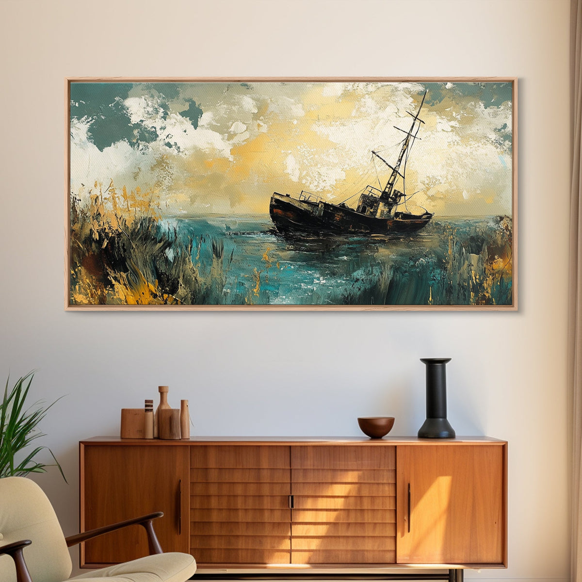 Shipwreck Painting, nautical painting, coastal wall art, moody art, fisherman painting, original painting, framed canvas print