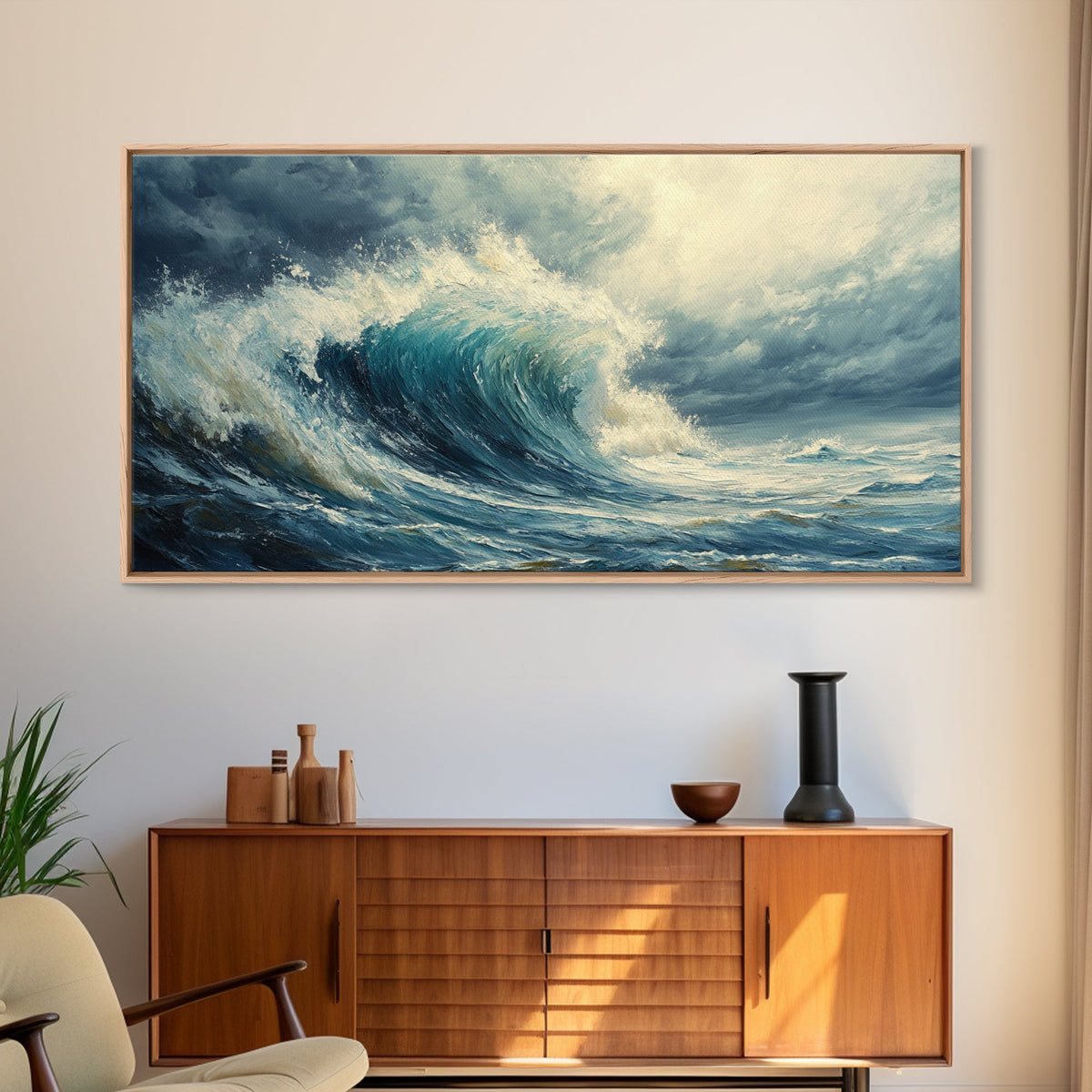 Ocean Wave, Stormy Sea, Coastal Art, Seascape Painting, Nautical Decor, Extra Wide Art, Framed Canvas Print, Living Room Art