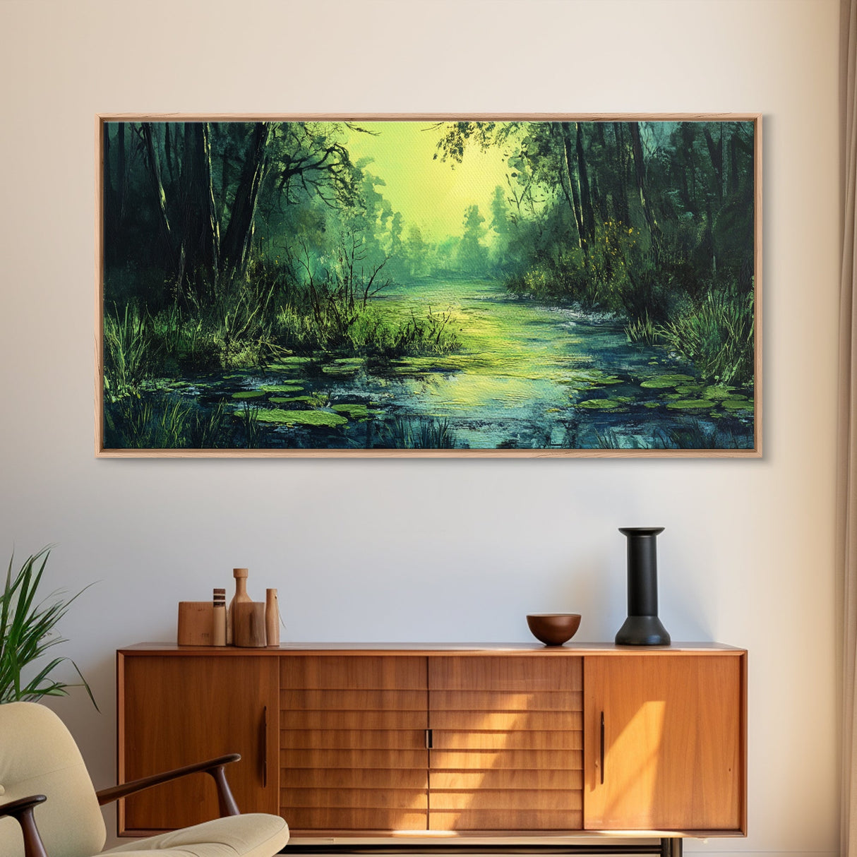 Forest Lagoon, green wall art, nature landscape painting, botanical prints, wabi sabi art, extra wide art, Framed Canvas Print
