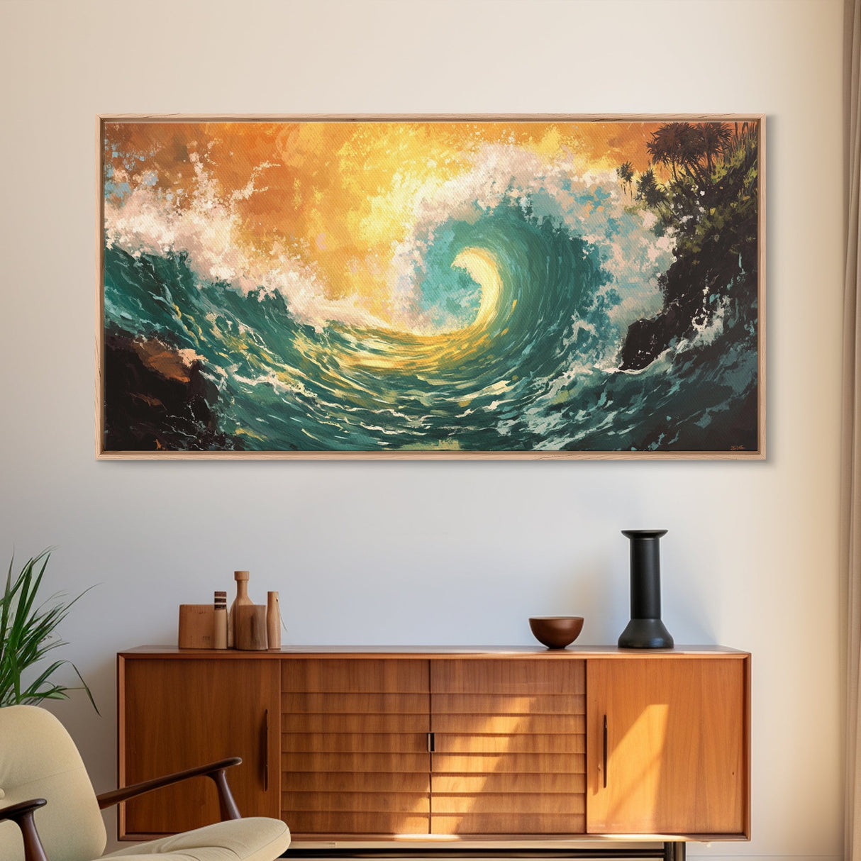 Golden Wave, surf wall art, seascape painting, coastal decor, nautical wall art, beach house decor, panoramic art, Canvas Print