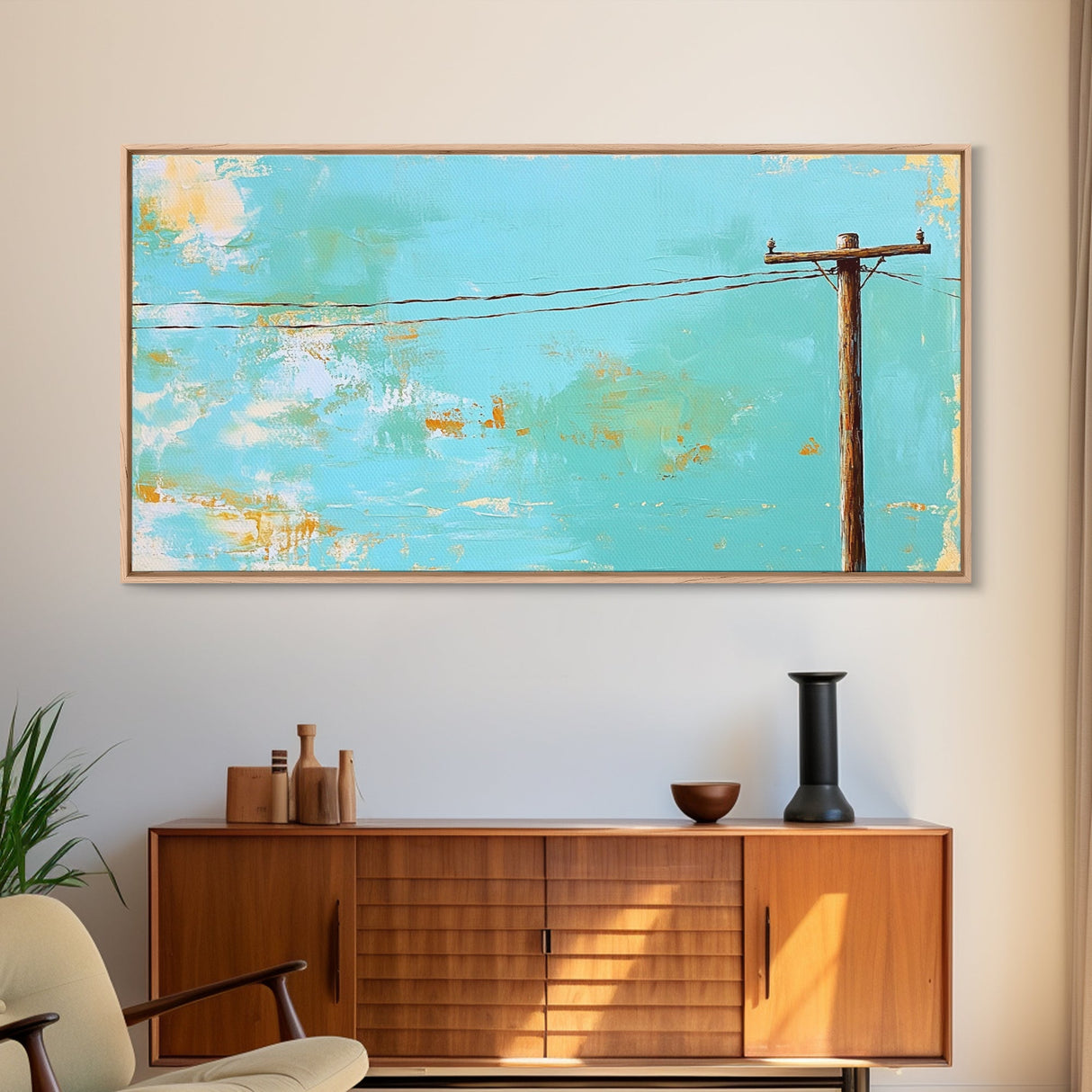 Power Lines, minimalist art, boho wall art, extra wide art, blue and green wall art, wabi sabi art, above sofa art, Canvas Print