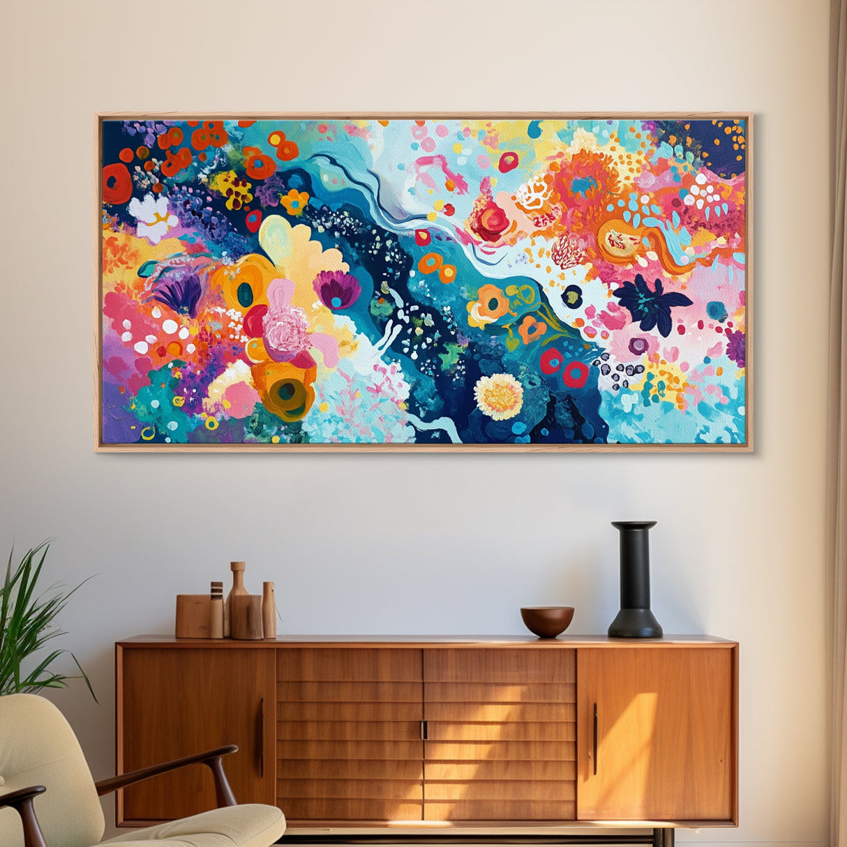 Floral abstract, whimsical art, colorful wildflowers, framed canvas print, botanical prints, pink orange wall art