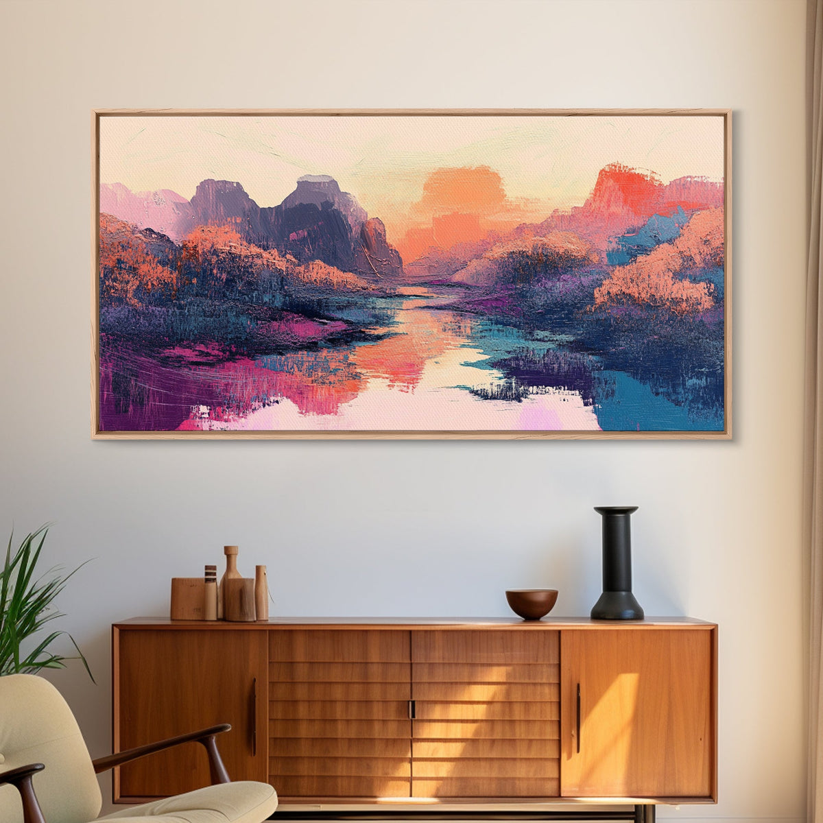 Sunset Landscape, Pink Orange Wall Art, Moody Art, Southwest Wall Art, Extra Wide Art, Horizontal Wall Art, Framed Canvas Print, Above Bed Art