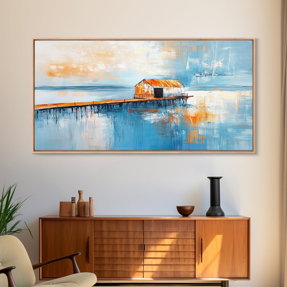 Dock, rustic barn, reflection, Canvas Print, barn landscape oil painting, coastal decor, nautical painting, panoramic art