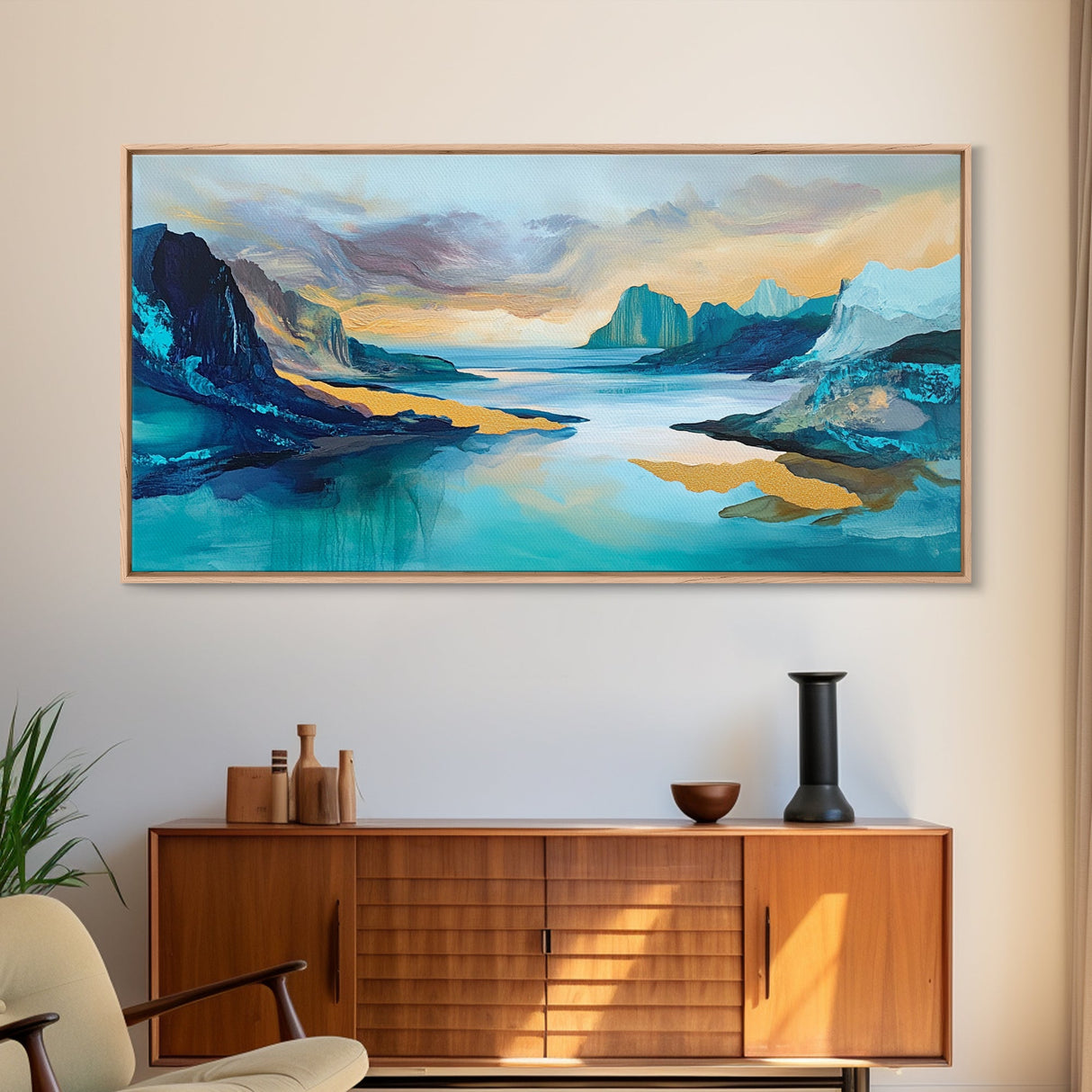 Serene Fjord, mountain painting, lake Tahoe art, blue and green wall art, panoramic painting, extra wide art, Framed Canvas Print, above sofa art