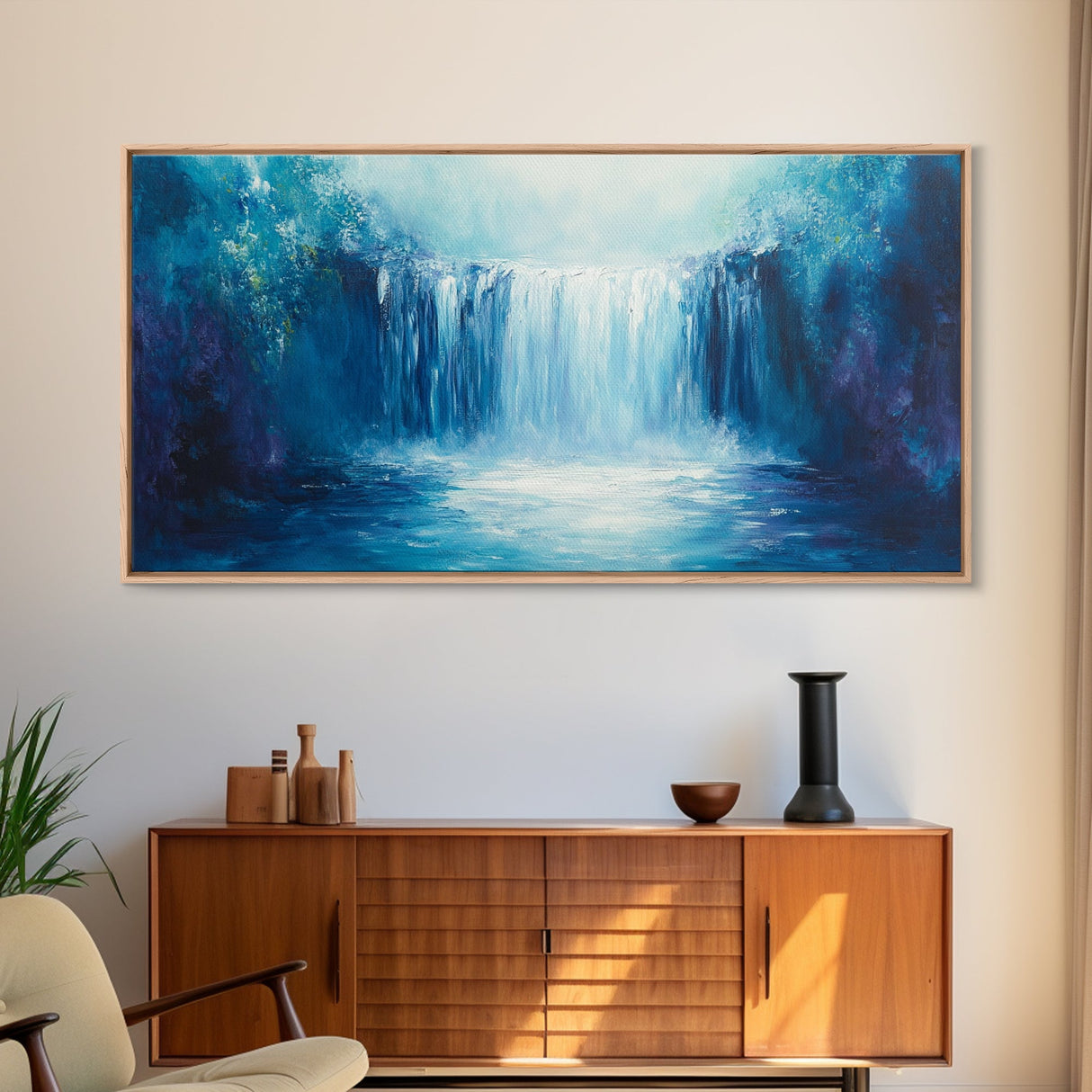 Majestic Waterfall, moody art, blue and green wall art, landscape painting, wabi sabi art, Framed Canvas Print, nature inspired art