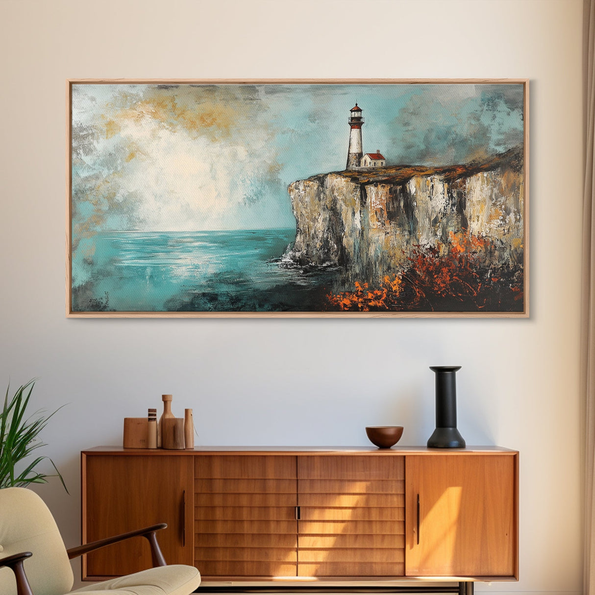 Lighthouse at Cliff, nautical wall art, coastal decor, dramatic seascape painting, panoramic painting, Framed Canvas Print, above sofa art