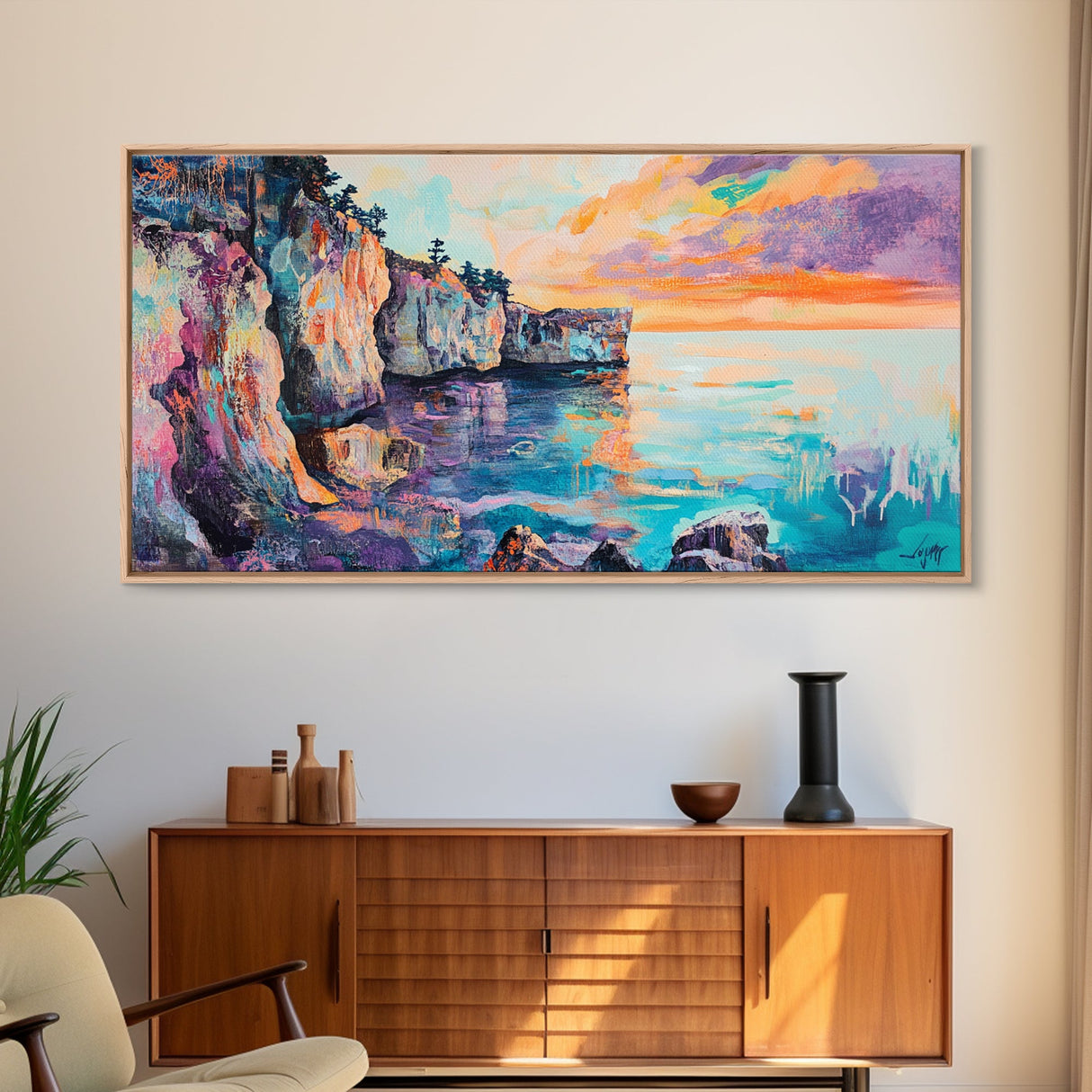Sunset Over Cliffs, Coastal Painting, Ocean Landscape, Coastal Decor, Nautical Wall Art, Horizontal Wall Art, Framed Canvas Print