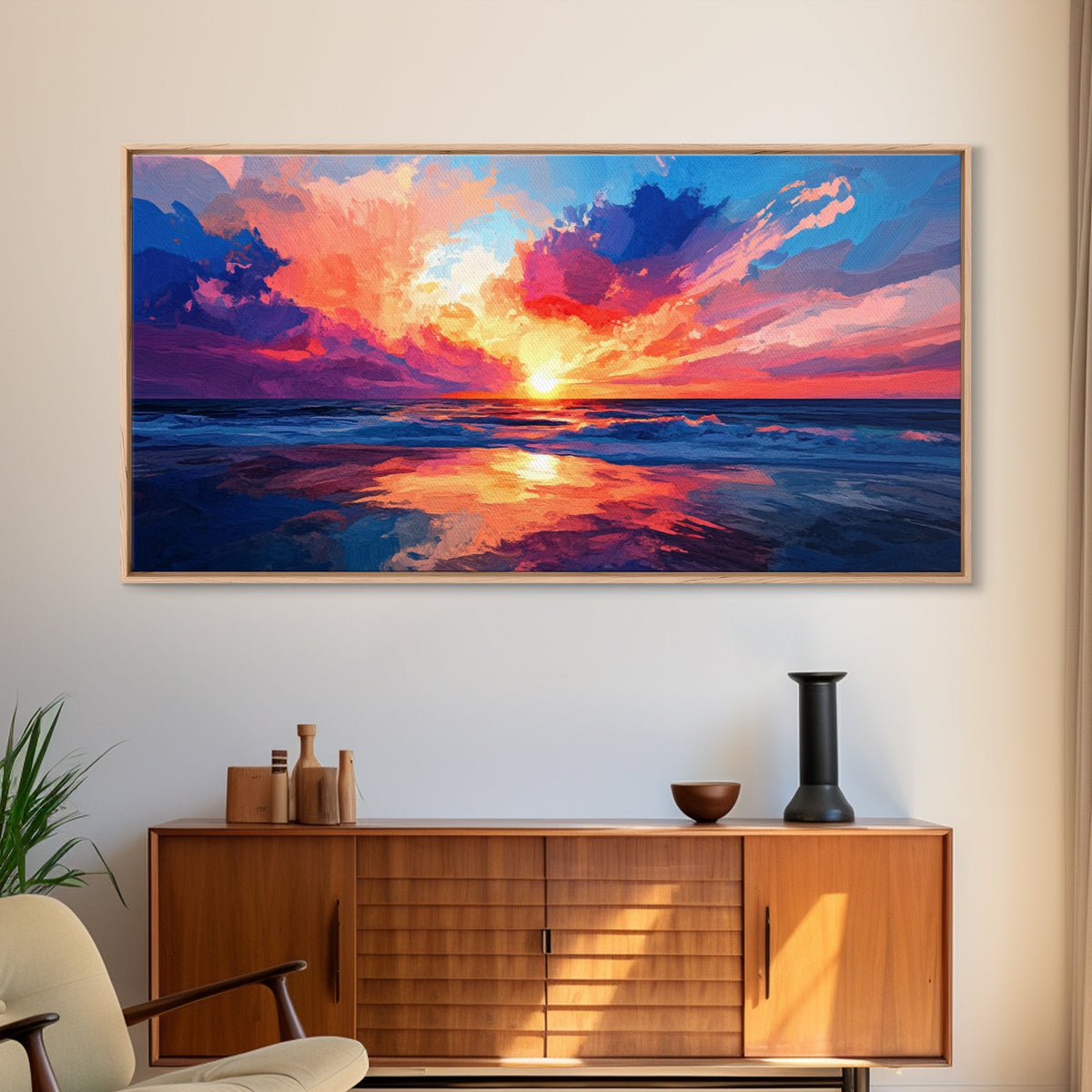 Sunset Beach, pink orange wall art, seascape painting, coastal wall art, panoramic art, ocean waves, extra wide art, Canvas Print