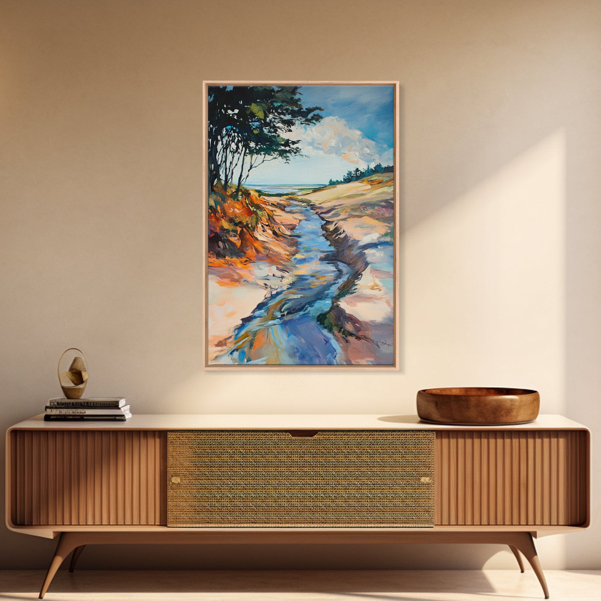 Minimalist landscape, wabi sabi wall art, rustic decor, above bed wall art, framed canvas print, neutral art, extra wide painting