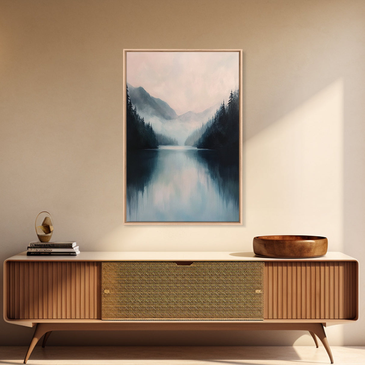 Misty Lake, mountain painting, smoky mountain art, panoramic painting, blue and green wall art, framed canvas print, moody art