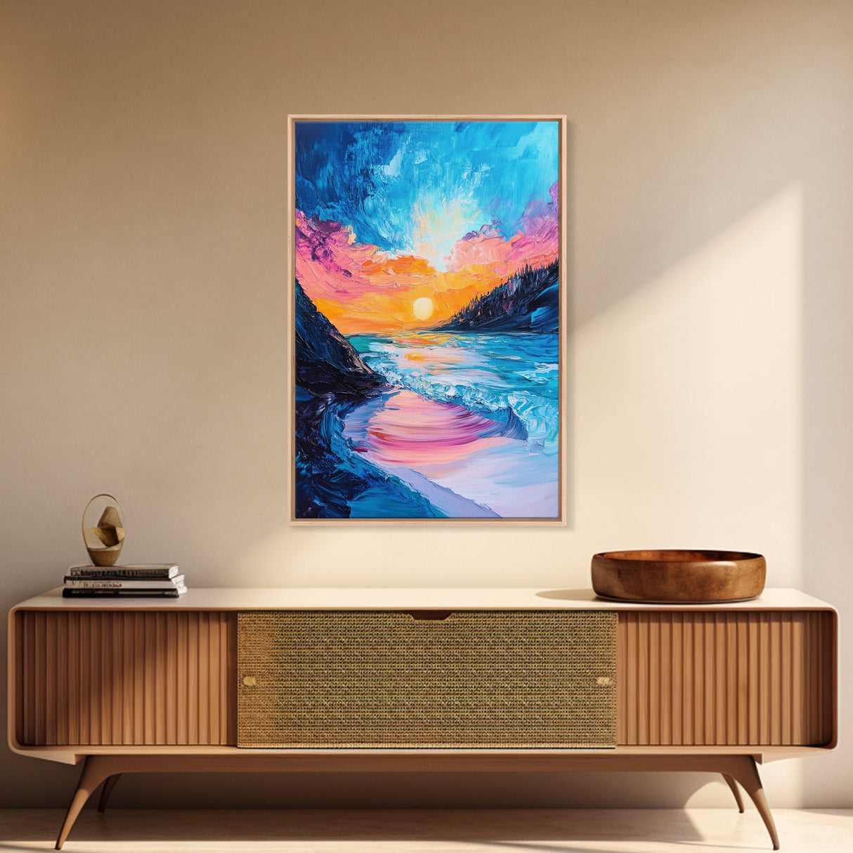 Colorful Beach, sunset painting, surf wall art, coastal painting, nautical decor, ocean waves, framed canvas print, seascape art