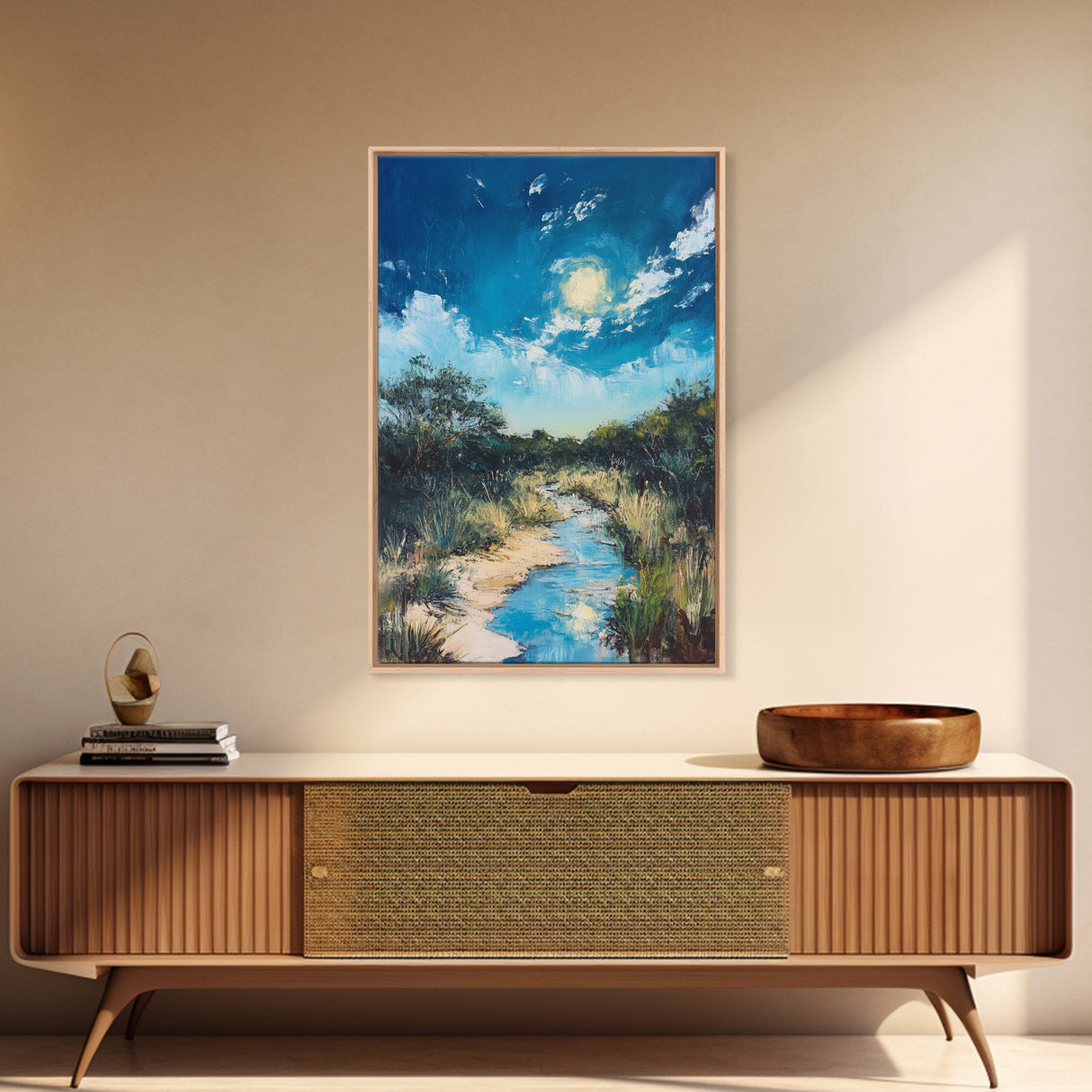 Moonlit Marsh, Moody Art, Coastal Landscape Art, Blue and Green Wall Art, Rustic Wall Art, Framed Canvas Print, Gift Idea