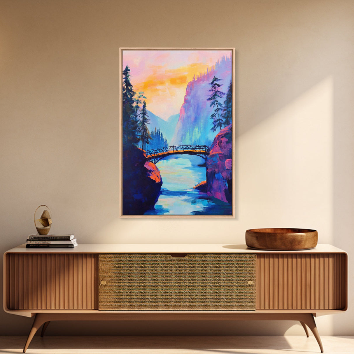 Vibrant Mountain Bridge, pink orange wall art, forest at dusk painting, landscape painting, above bed wall art, Canvas Print