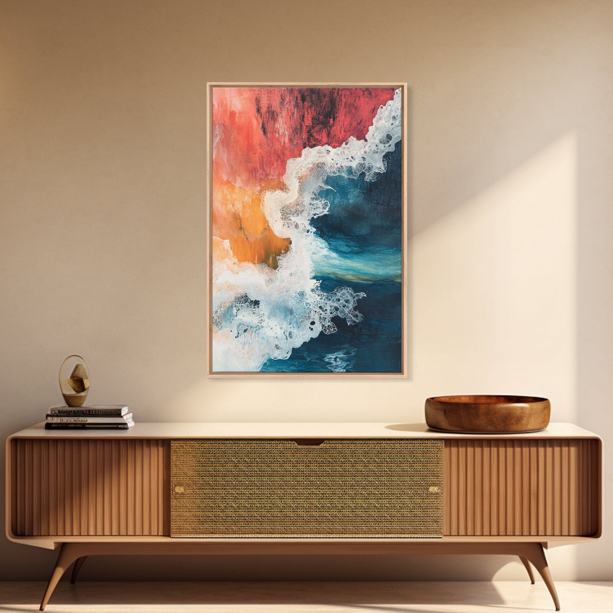 Fiery Ocean Wave, pink orange wall art, coastal landscape art, teal wall art, moody art, ocean abstract art, Framed Canvas Print
