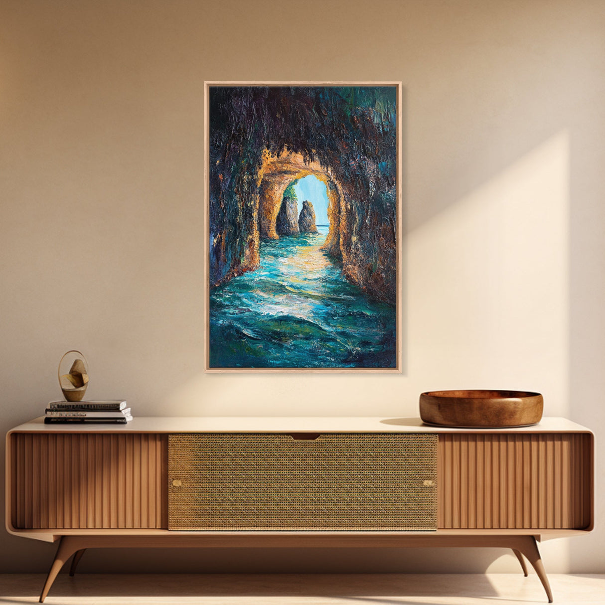Sunlit Ocean Grotto, seascape painting, nautical painting, tropical wall art, blue and green wall art, Framed Canvas Print