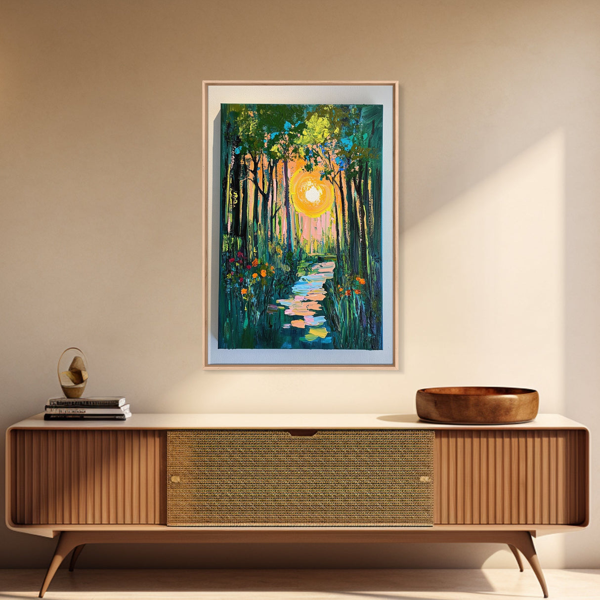 Forest Sunrise Path, wildflower painting, forest at dusk painting, wabi sabi wall art, whimsical art, Canvas Print