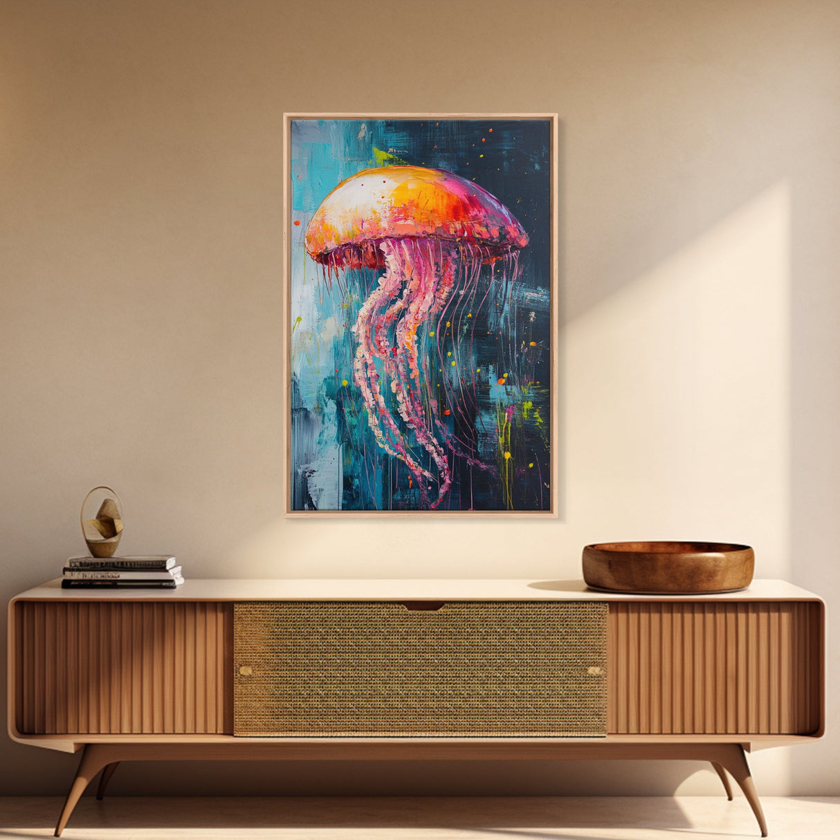 Vibrant Jellyfish Art, Coastal Wall Art, Ocean Life Painting, Whimsical Art, Teal Wall Art, Nautical Decor, Framed Canvas Print