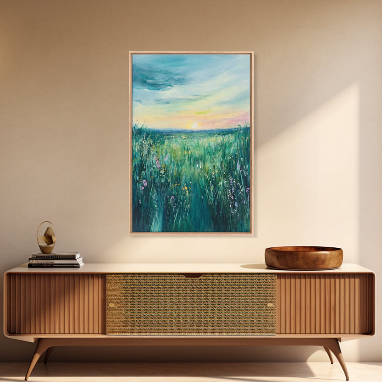 Wildflower Field, wildflower painting, botanical prints, pink orange wall art, bedroom art, Framed Canvas Print, farmhouse art