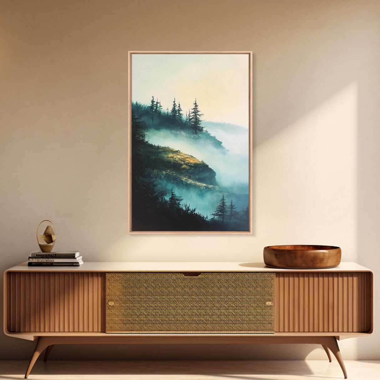 Foggy Mountains, mountain painting, smoky mountain art, pine tree art, forest at dusk painting, Framed Canvas Print, bedroom art