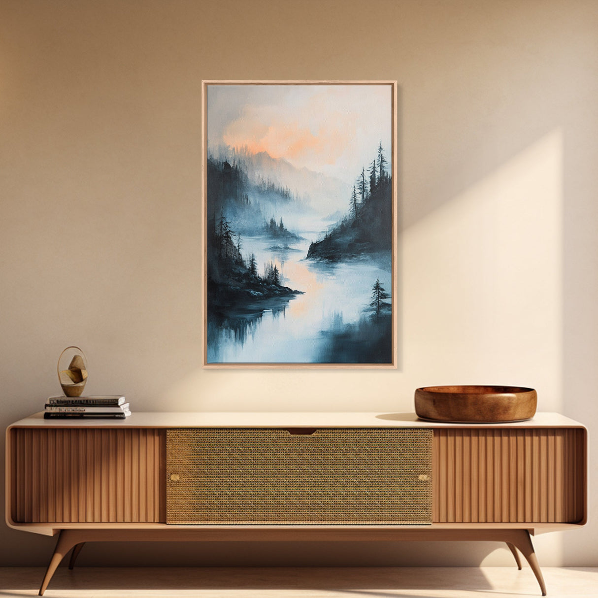 Misty Lake, landscape painting, smoky mountain art, pine tree art, moody art, blue and green wall art, Canvas Print, above sofa art