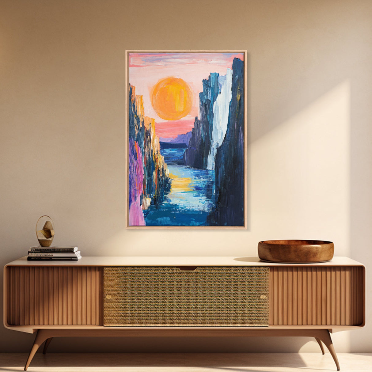 pink orange wall art, sunset painting, abstract landscape painting, blue and green wall art, Framed Canvas Print, boho art, modern decor