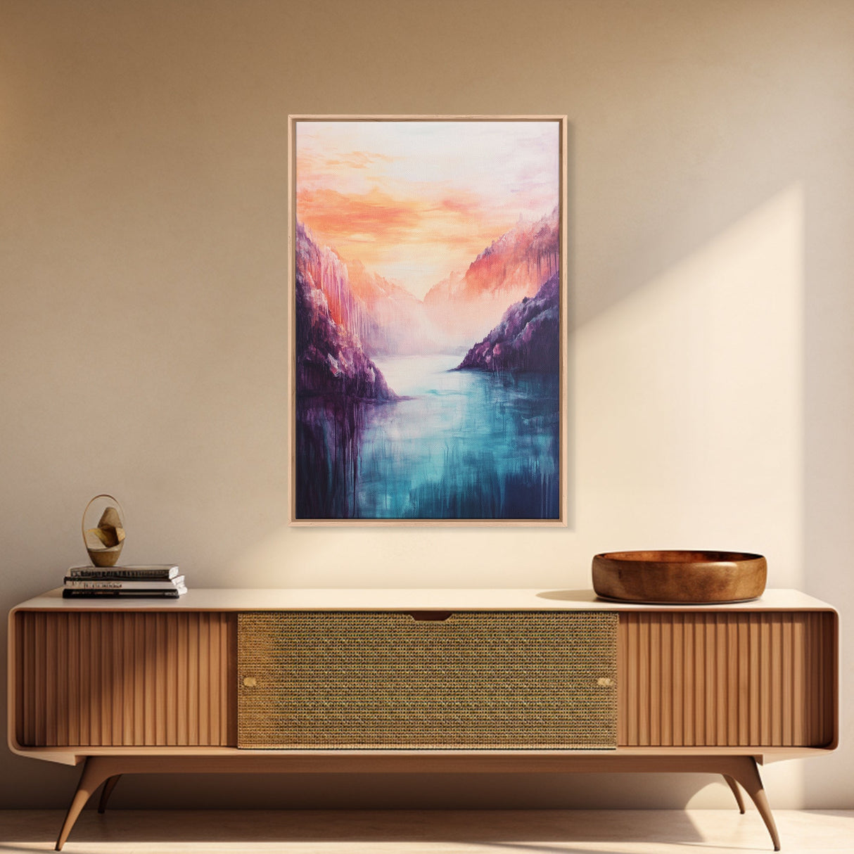 coastal decor, mountain painting, pink orange wall art, sunrise painting, landscape painting, Framed Canvas Print, abstract wall art