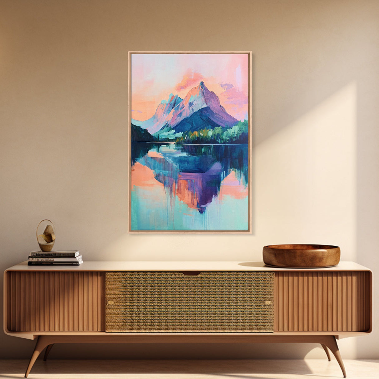 landscape painting, pink orange wall art, sunrise painting, modern art, extra wide art, panoramic art, Framed Canvas Print, moody art