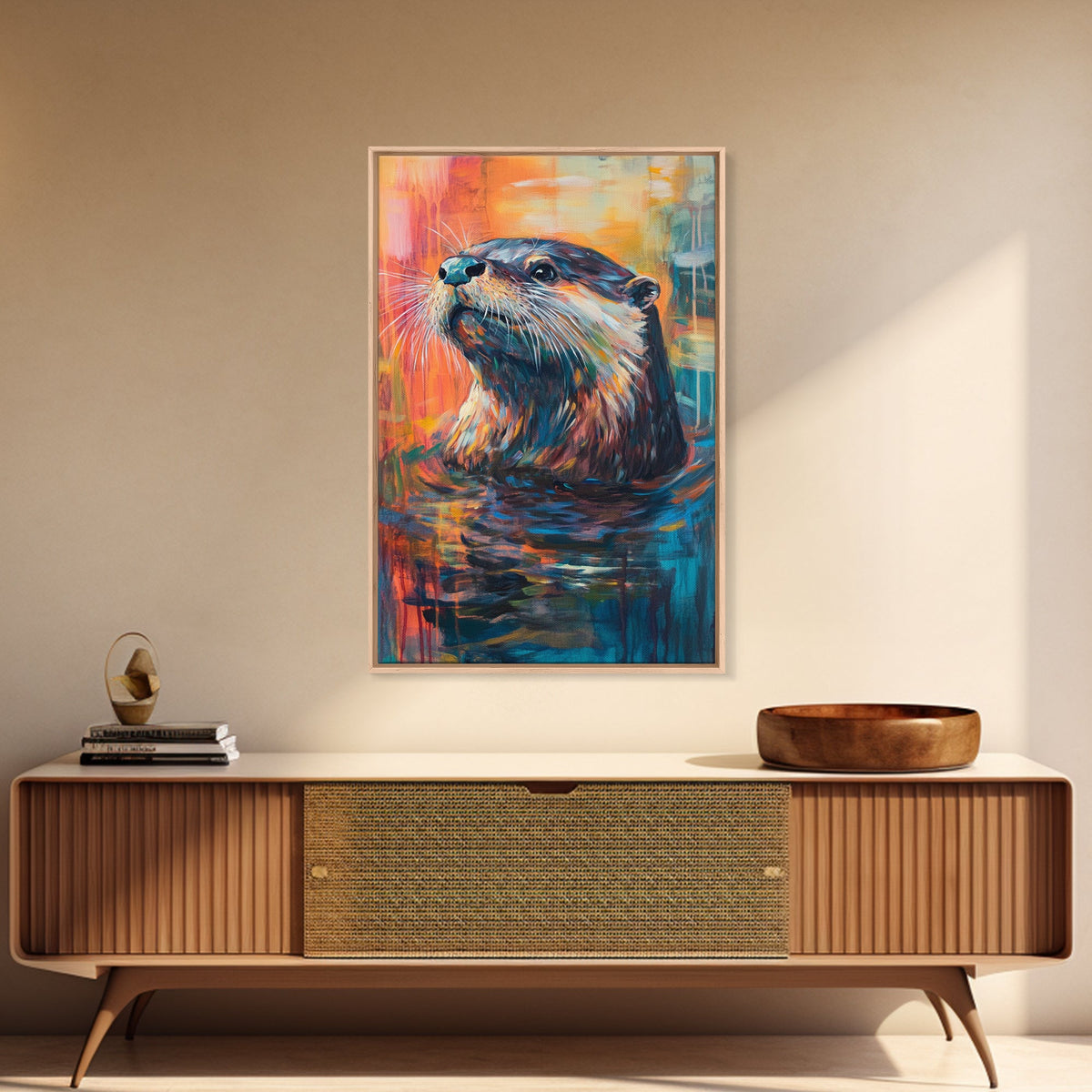 Otter Portrait, wildlife painting, whimsical art, blue and green wall art, Canvas Print, original painting, rustic wall art, gift idea