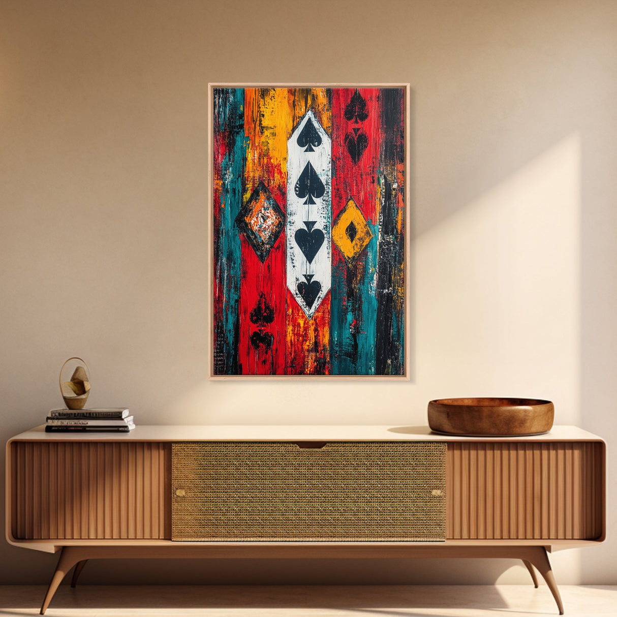 Playing Card Art, chicano art, bold abstract painting, moody art, graffiti wall art, framed canvas print, gift idea, rustic decor