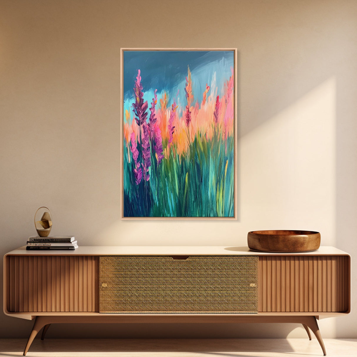 Wildflower Painting, poppy wall art, pink orange wall art, floral landscape, botanical prints, framed canvas print, rustic wall art