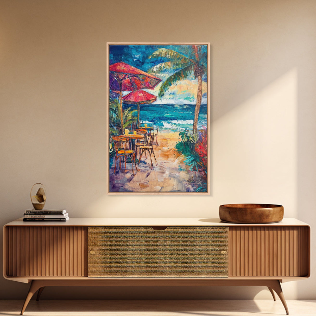 Beach Café, Coastal Landscape Art, Nautical Wall Art, Ocean Art, Seascape Painting, Coastal Decor, Canvas Print, Above Sofa Art