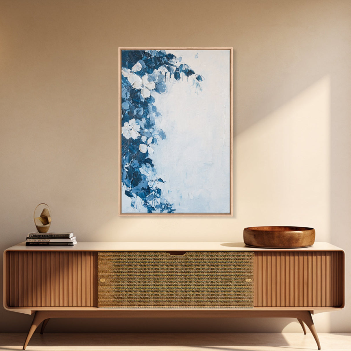 Blue Floral Framed Canvas Print Modern Botanical Wall Art, Minimalist Flower Painting, Elegant Bedroom Decor, Contemporary Art Gift