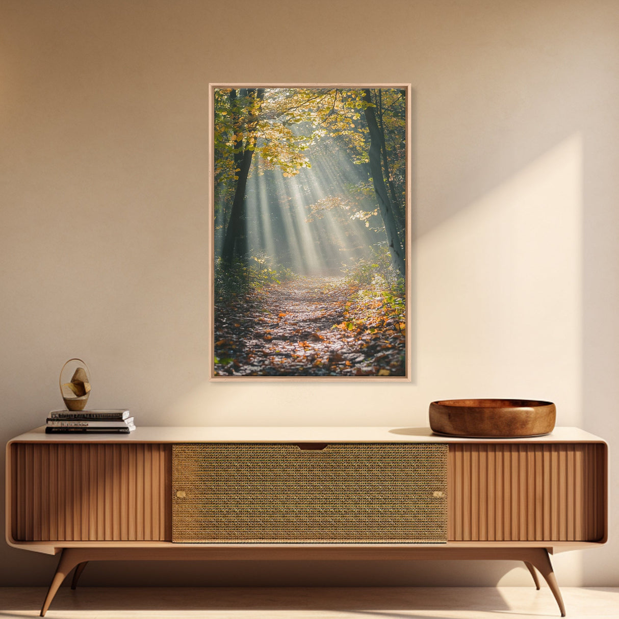 Sunlit Autumn Forest Path Canvas Print, Fall Wall Art, Nature Photography Print, Cozy Home Decor, Rustic Living Room Art, Cabin Wall Art