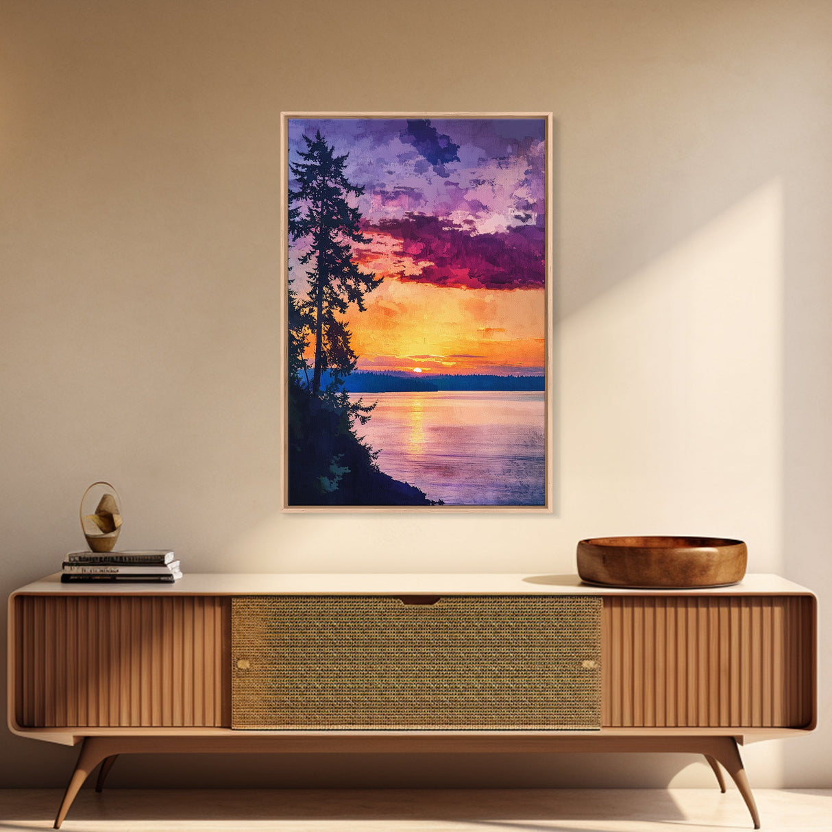 Serene Lakeside Sunset Canvas Print, Nature Wall Art, Water Reflection Painting, Tranquil Landscape Art, Peaceful Home Decor, Bedroom Art