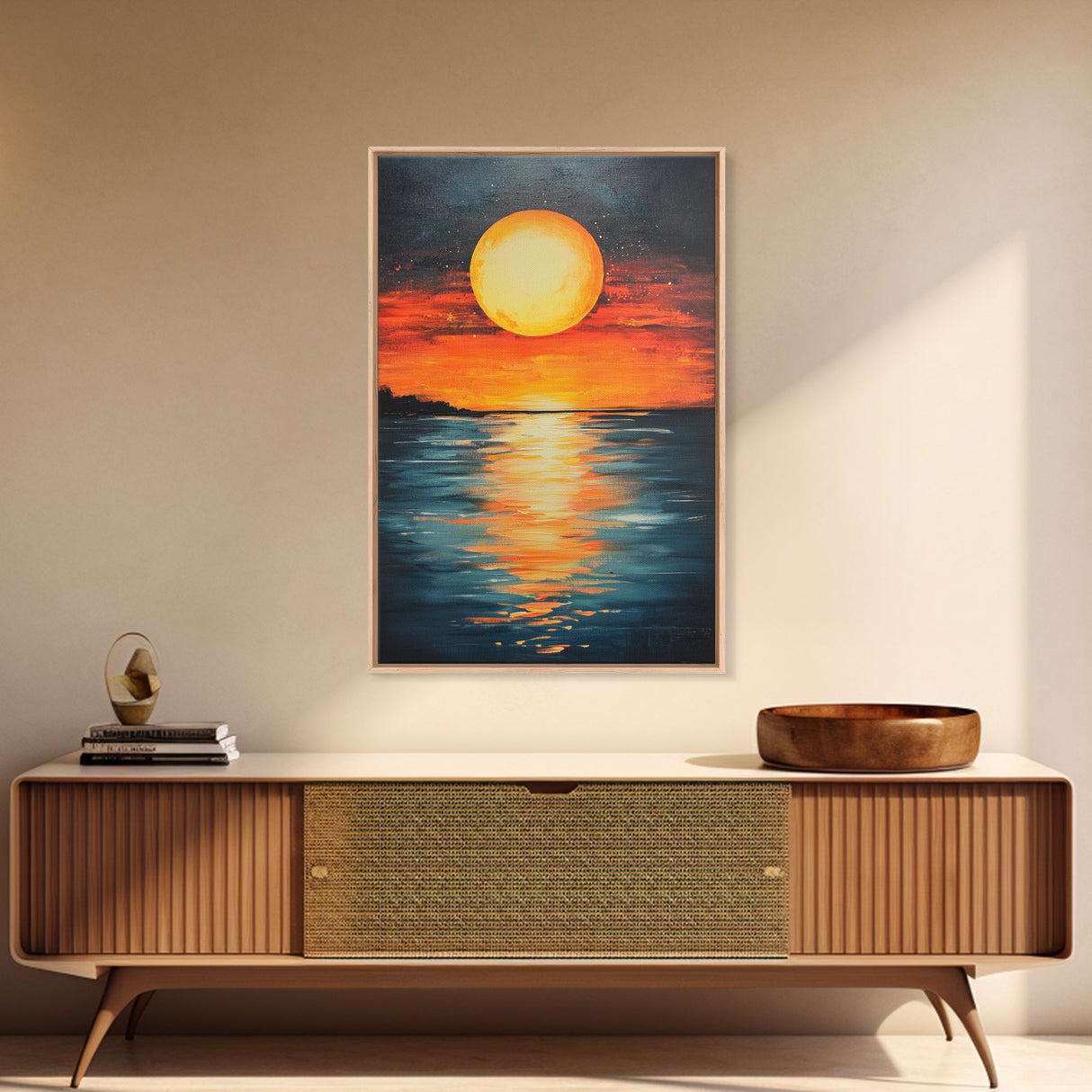 Sunset Reflection Framed Canvas Print | Beach Wall Art | Coastal Sunset Painting | Modern Home Decor | Large Wall Art | Gift Idea