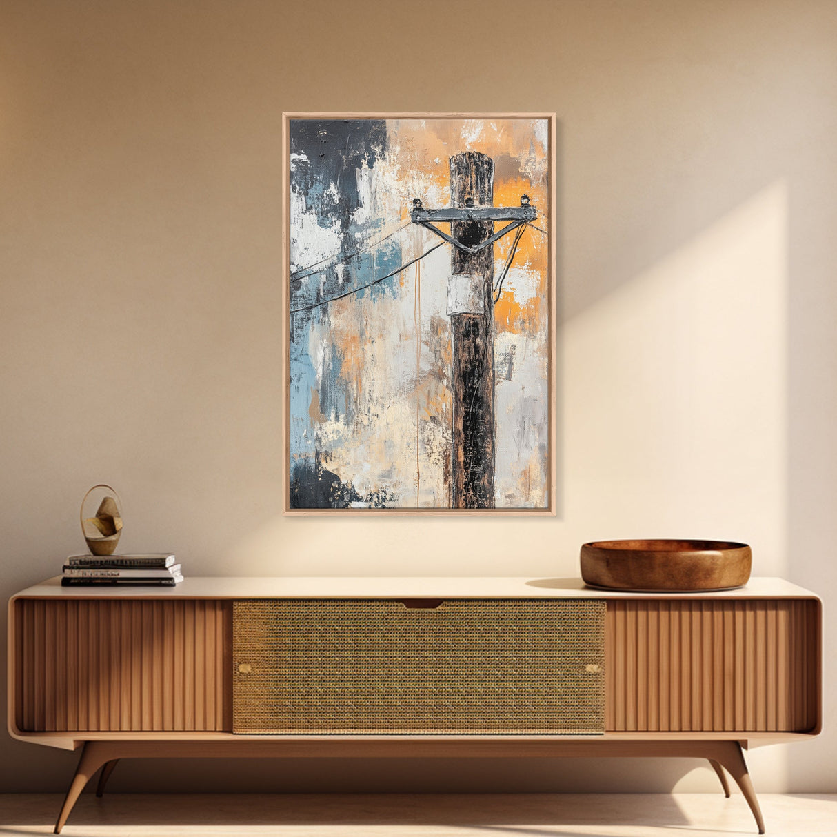 Rustic Telephone Pole Framed Canvas Print Industrial Wall Art, Urban Grunge Decor, Abstract Cityscape Painting, Modern Office Artwork