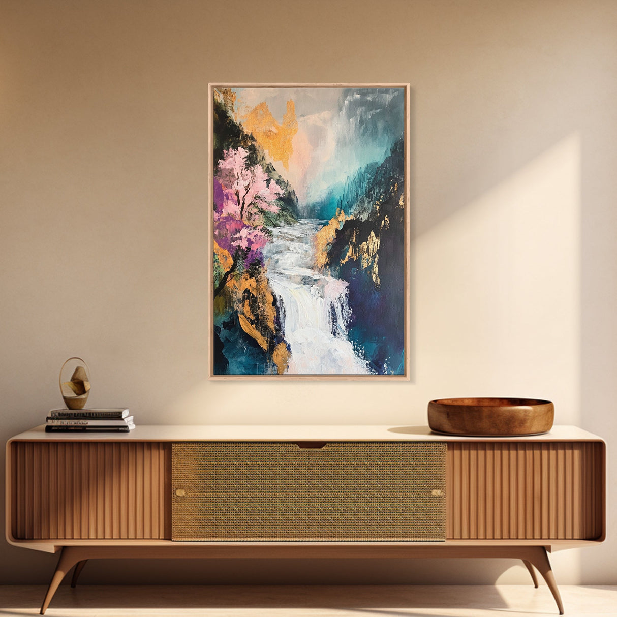 Waterfall Mountain Landscape Canvas Print Serene Nature Art Fantasy Wall Decor Japanese Painting Living Room Art Meditation Piece