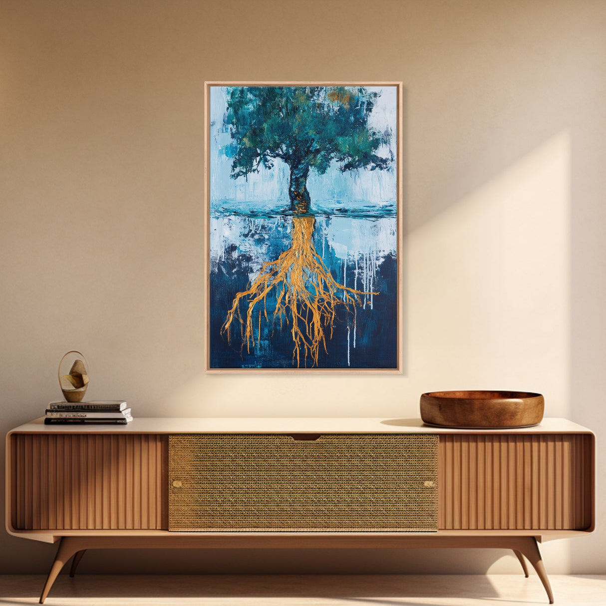 Tree With Golden Roots Canvas Print Surreal Nature Wall Art Abstract Landscape Painting Living Room Decor Earth Tones Artwork