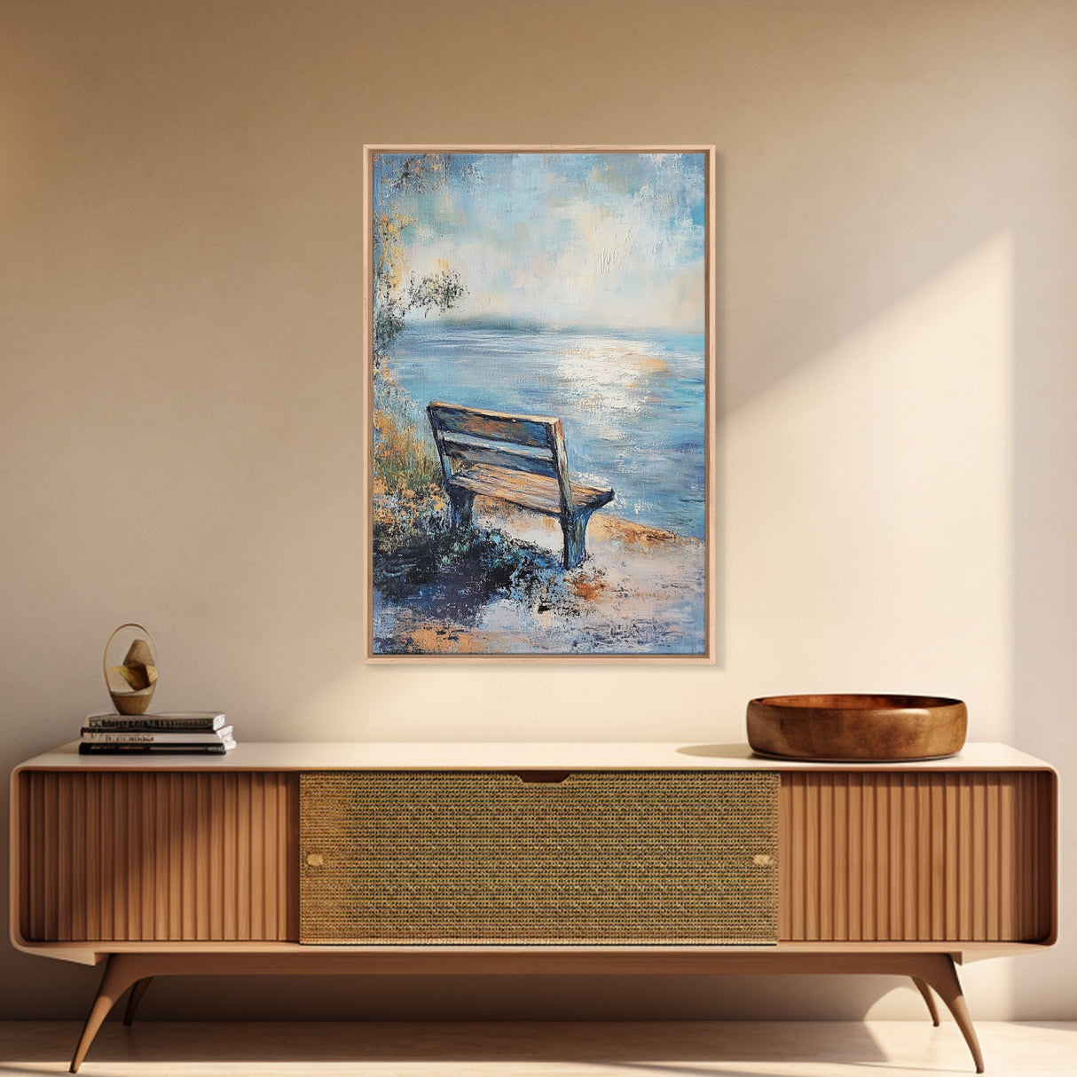 Serene Bench Canvas Print Lakeside Tranquility Peaceful Landscape Wall Art Cozy Home Decor Living Room Relaxation Gift