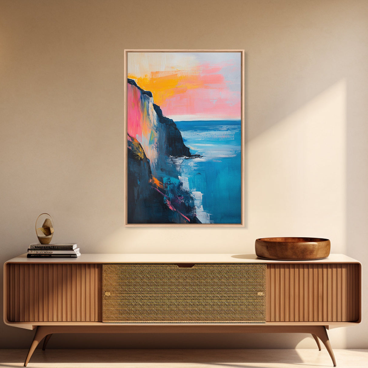 Sunset Cliff Framed Canvas Print Coastal Seascape Wall Art Vibrant Ocean Painting Modern Beach House Decor Relaxing Home Gift