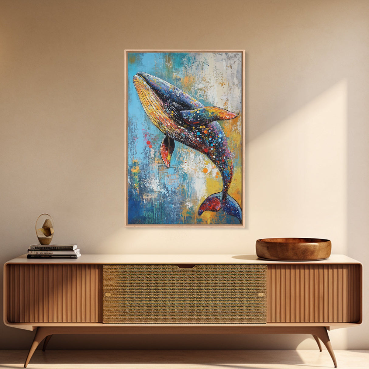 Blue Whale Framed Canvas Print Ocean Wildlife Art Colorful Nautical Wall Decor Coastal Home Aesthetic Sea Lover Gift