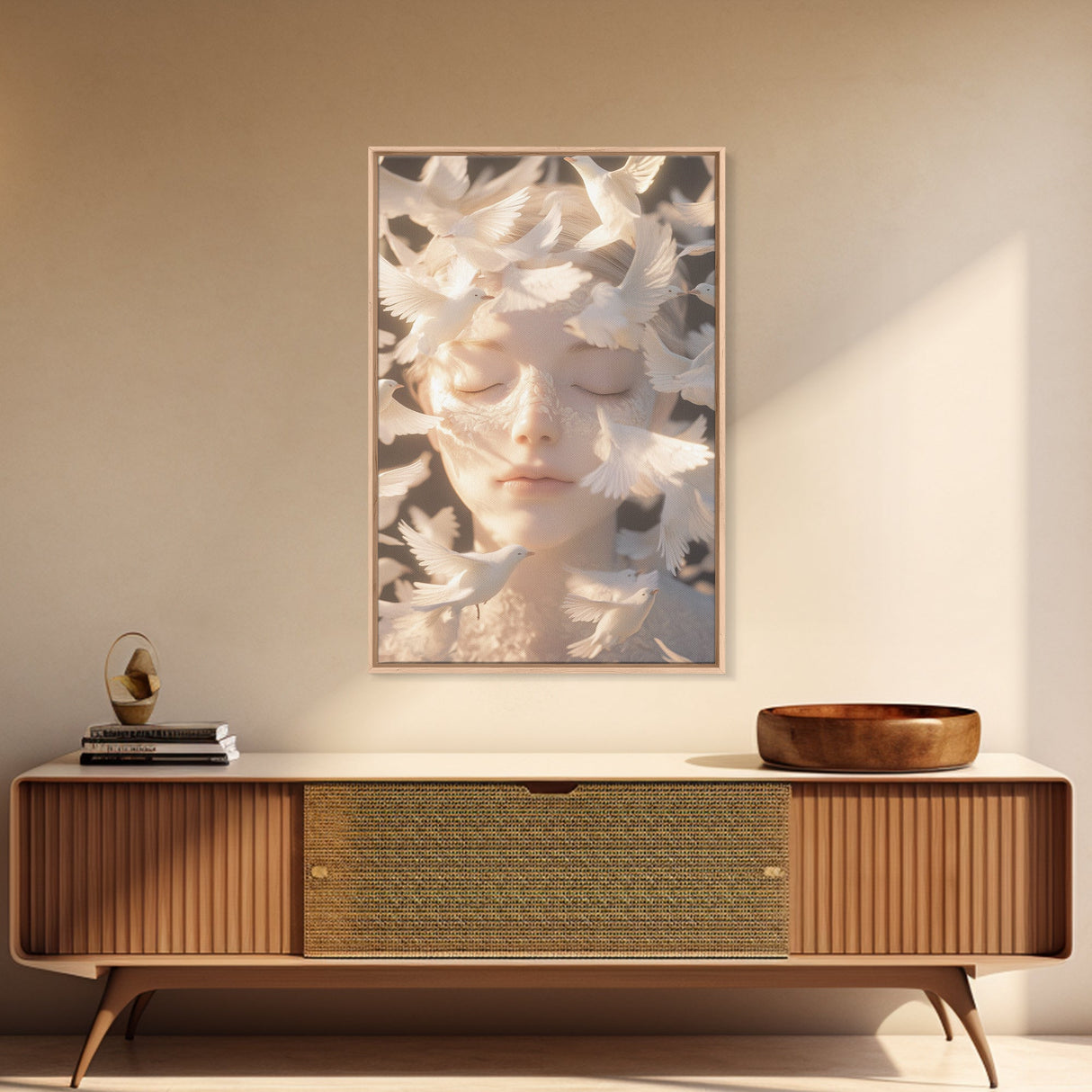 Ethereal White Dove Art Framed Canvas Print - Surreal Dreamy Wall Art, Minimalist Angelic Decor, Bedroom Meditation Art, Boho Aesthetic