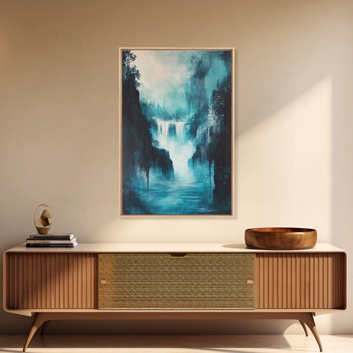waterfall painting, landscape painting, framed canvas print, mountain painting, rustic wall art, blue and green wall art, gift idea