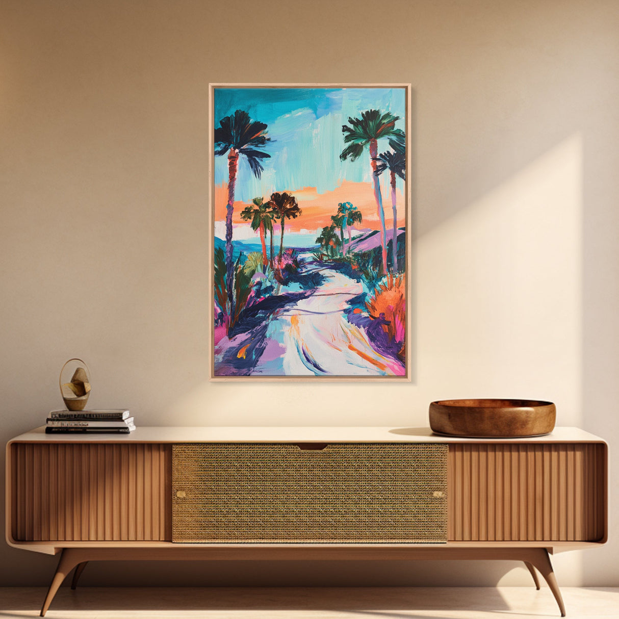 Palm Sunset, Coastal Cowgirl Wall Art, Southwest Wall Art, Surf Wall Art, Pink Orange Wall Art, Canvas Print, Extra Wide Art