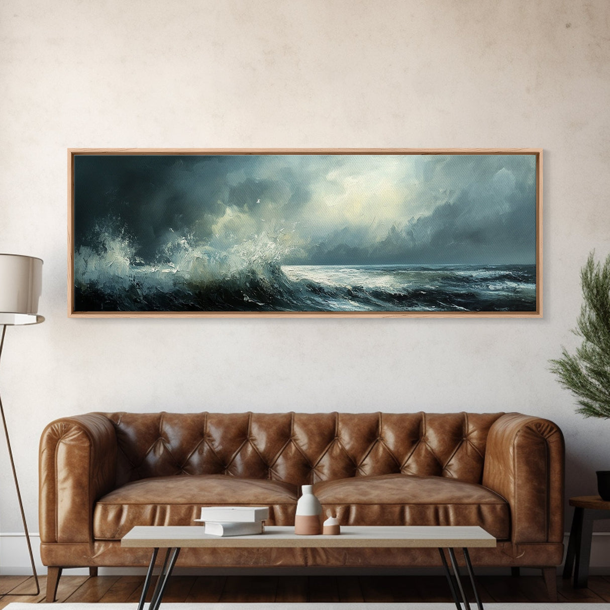 Stormy Ocean Waves Framed Canvas Print Dark Seascape Art, Moody Coastal Decor, Large Nautical Painting, Office or Living Room Art