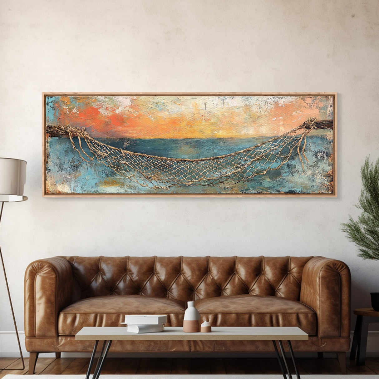 Fishing Net Sunset Canvas Print Coastal Wall Art Nautical Seaside Artwork Beach House Decor Ocean Landscape Framed Print