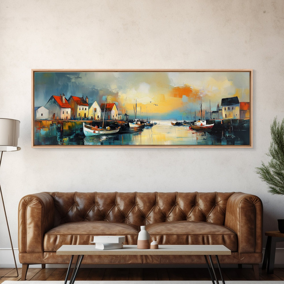Seaside Village Harbor Canvas Print Coastal Boats Wall Art Nautical Fishing Town Decor Rustic Beach House Artwork Framed Print