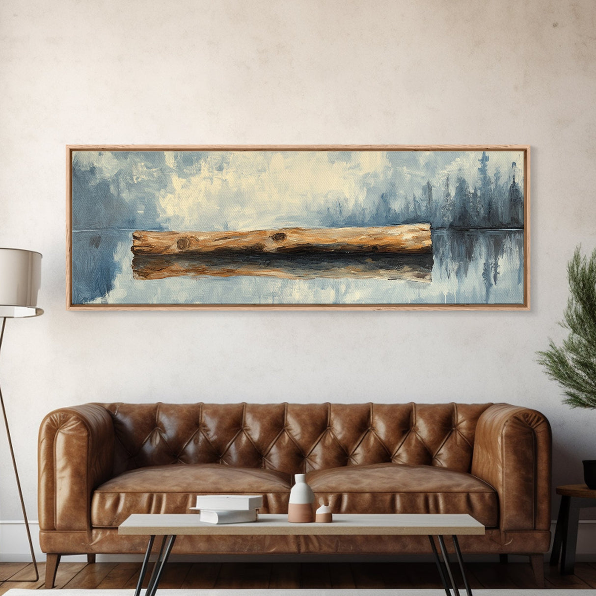 Driftwood Reflection Framed Canvas Print Coastal Wall Art, Rustic Lake House Decor, Minimalist Nature Art, Neutral Bedroom Wall Decor