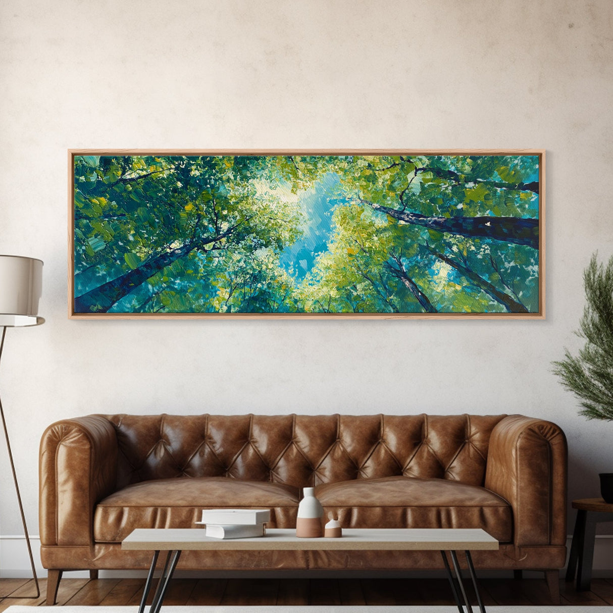 Sunlit Forest Framed Canvas Print Vibrant Nature Wall Art, Green Tree Canopy Painting, Bright Boho Decor, Botanical Living Room Art